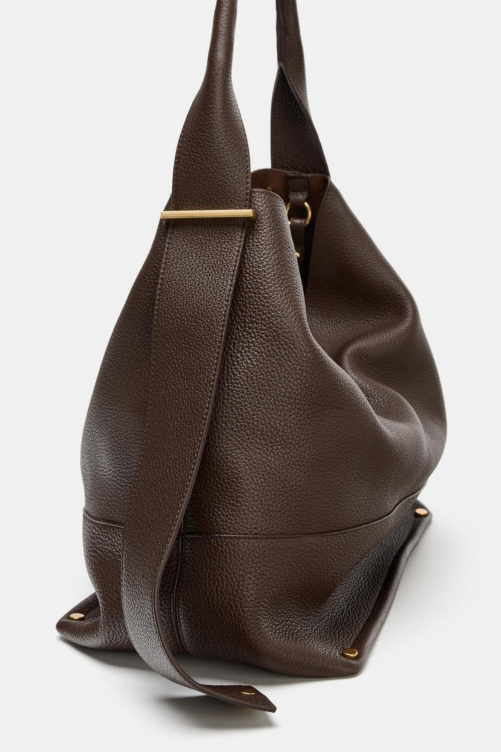 ZARA БОЛЬШАЯ КОЖАНАЯ СУМКА-МЕШОК, КОРИЧНЕВЫЙ