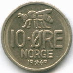 10 эре 1969 год. Норвегия (Улаф V). Пчела. Медно-никель, диаметр 15 мм. XF