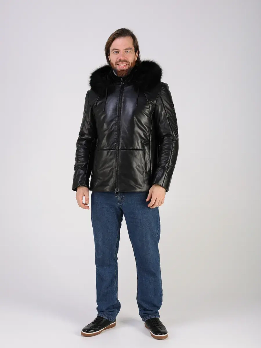 Куртка зимняя кожаная с капюшоном пуховик