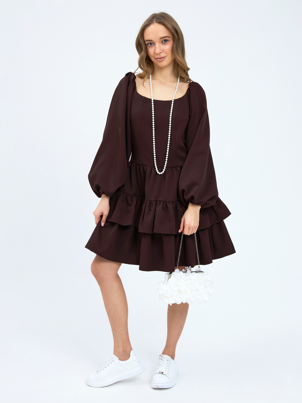 Платье праздничное ярусное с воланами для девочки коричневое