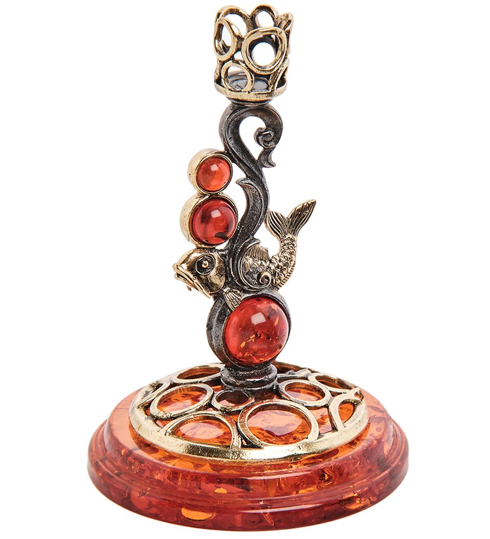 Народные промыслы AM-2979 Подсвечник «Золотой карп» (латунь, янтарь)