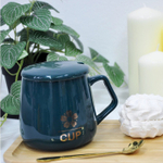 Керамическая кружка с крышкой и ложкой, 9,5*7,7 см, темно-зеленый/серый, 400 мл