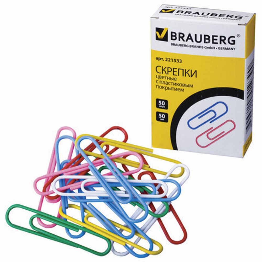 Скрепки большие 50 мм, цветные, 50 шт., в картонной коробке, BRAUBERG, 221533