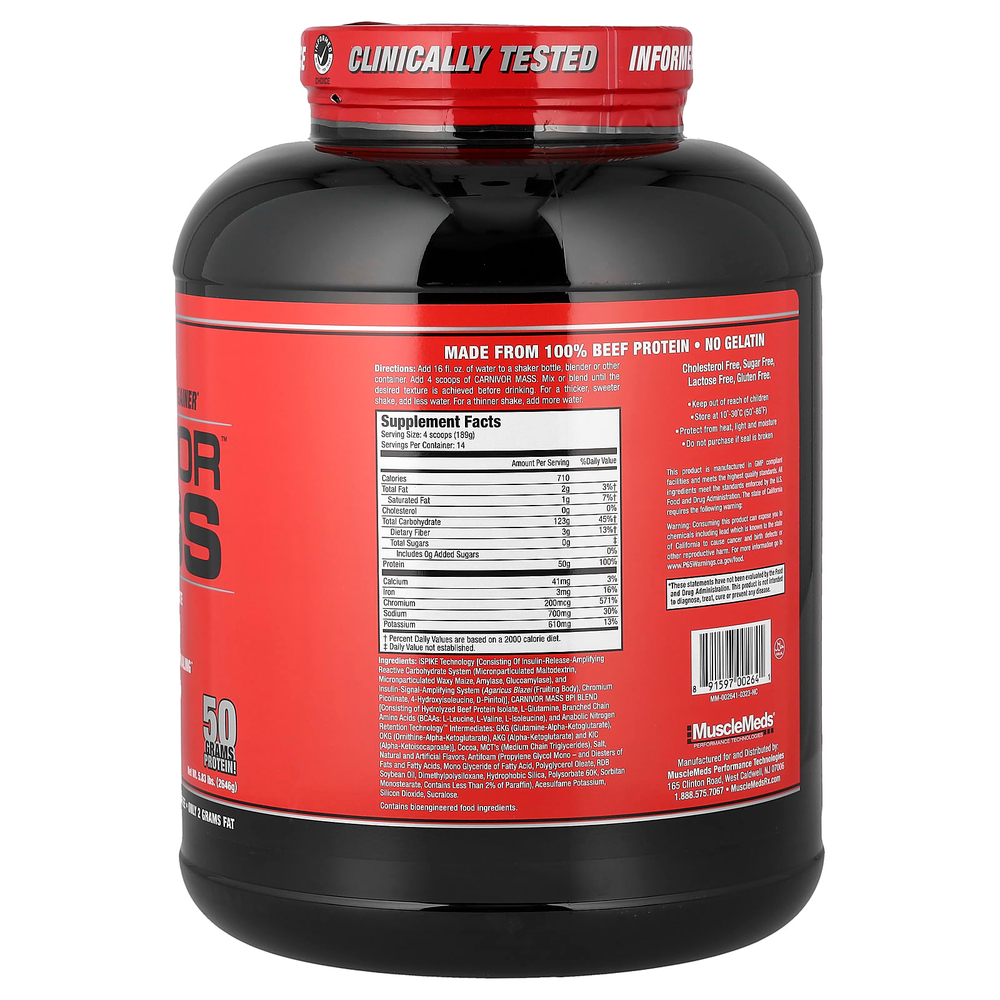MuscleMeds, Carnivor Mass, анаболическое средство для увеличения количества белка из говядины, шоколадная помадка, 2646 г (5,83 фунта)