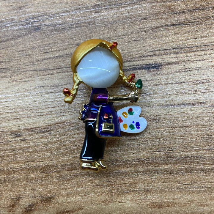 Брошь Profession Девочка художник с косичками эмаль цветная кабошон кошачий глаз металл золотистый