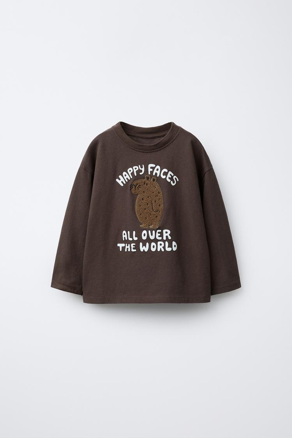 ZARA ЛОНГСЛИВ С НАШИВКОЙ «КАПИБАРА» ИЗ МАХРОВОЙ ТКАНИ, КОРИЧНЕВЫЙ