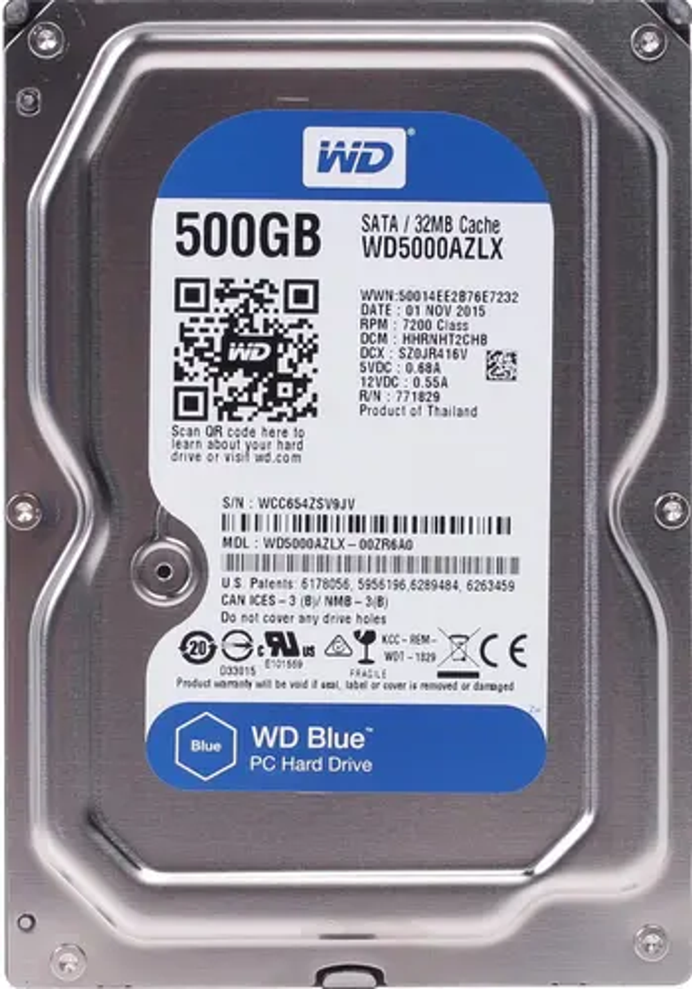 Внутренний HDD 3.5" Western Digital Blue AZLX, 500Гб, SATA3, Bulk, Чтение:150мб/с, Запись:150мб/с, 7200об/мин, Буфер:32Мб (WD5000AZLX)