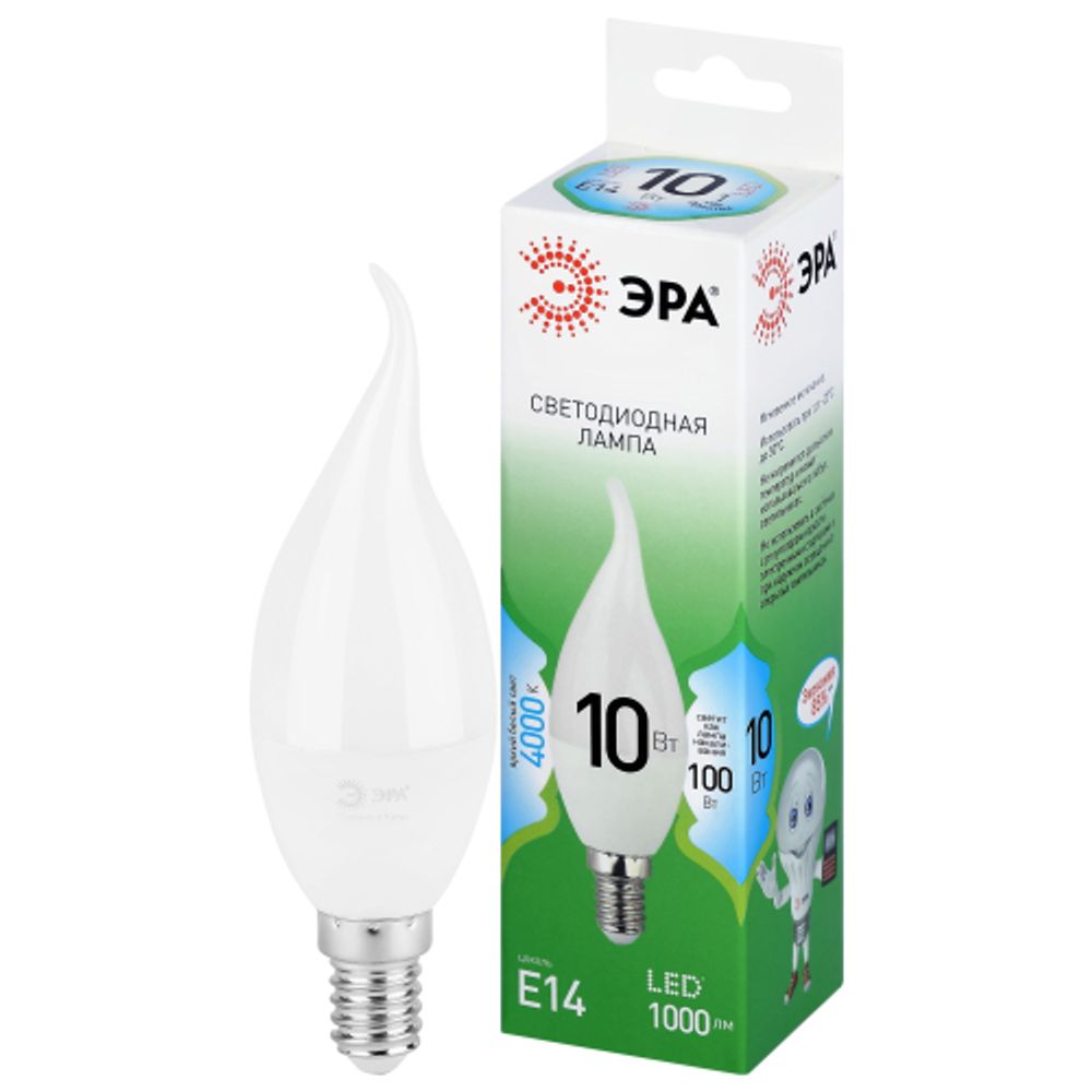 Лампа светодиодная ЭРА GREEN LINE LED BXS-10W-840-E14 GL 10Вт свеча на ветру яркий белый свет E14 | Лампы cветодиодные Свеча (B/C)
