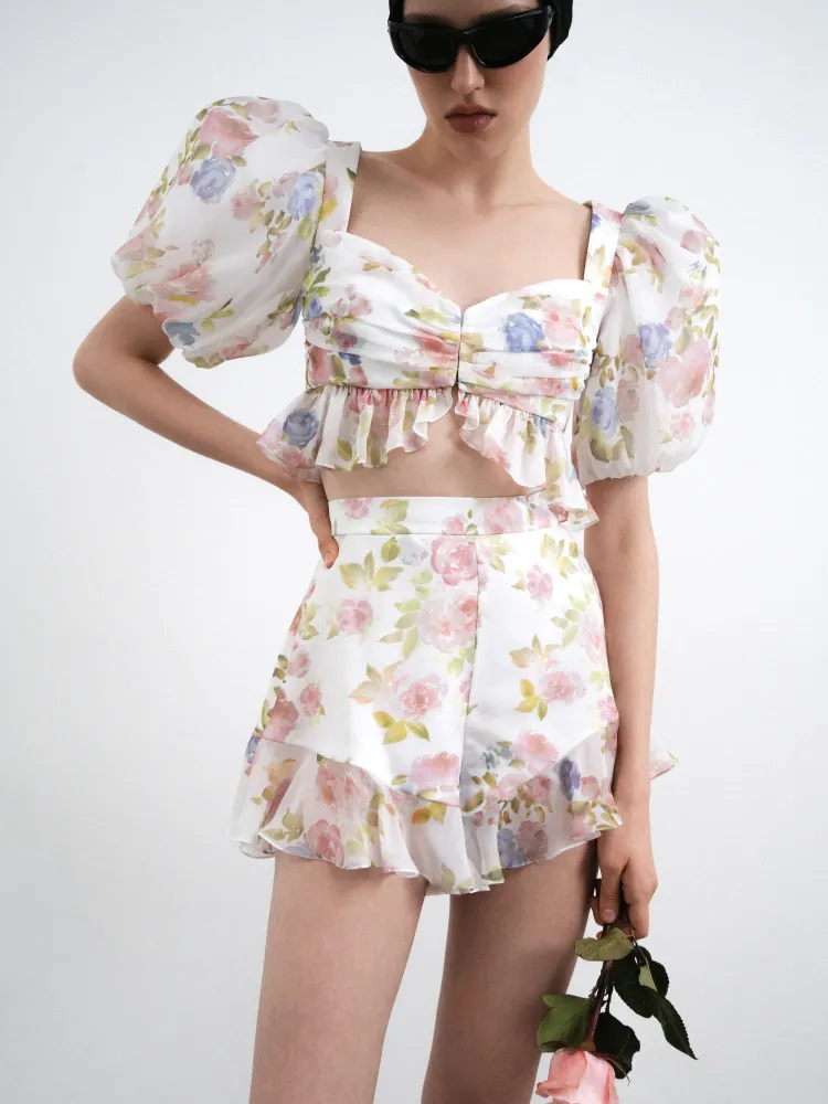 Мелисса (Melissa), кроп топ из молочного шифона с цветочным принтом