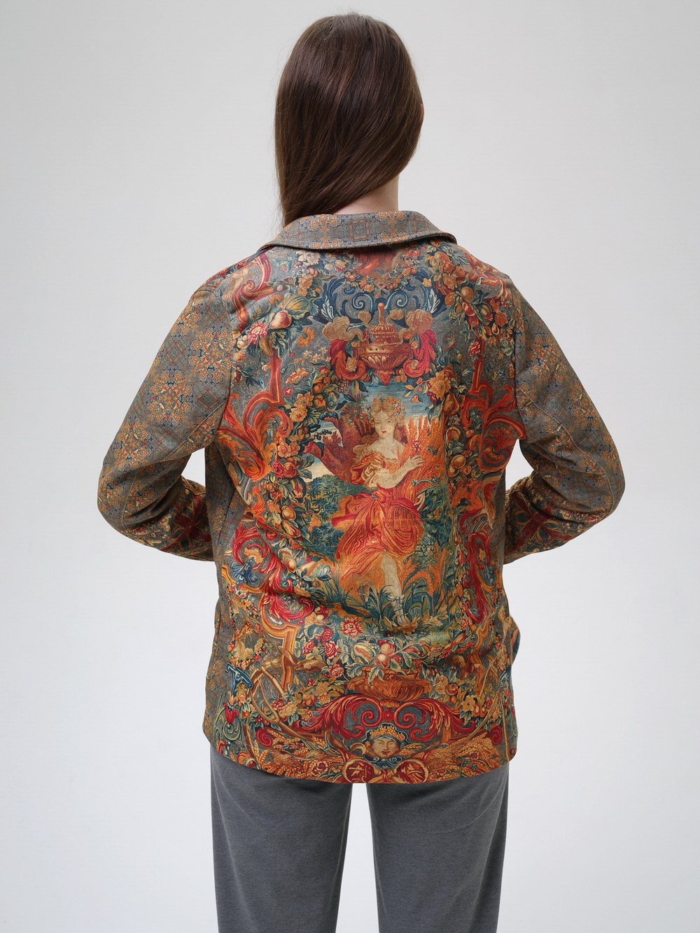 Трикотажный жакет "Четыре стихии", по мотивам фламандского гобелена 17 века "Времена года, четыре стихии"