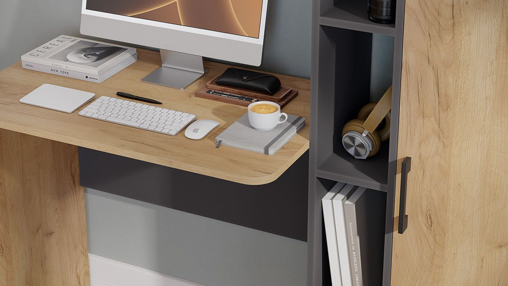 Стол письменный с полками и шкафом Графит Серый/Дуб Крафт Золотой 133,4х50х135 см