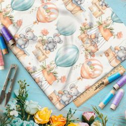 Ткань премиум габардин милые зверьки на воздушных шарах