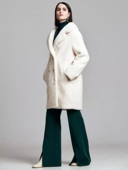 Шуба женская из овечьей шерсти чебурашка тедди, жемчужное, SilverFox