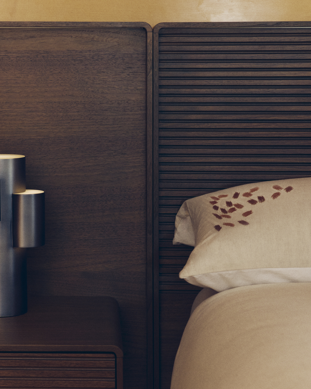 Кровать Norlen с 2 прикроватными тумбочками из орехового шпона с темной отделкой LED 160 x 200 см