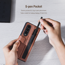 Кожаный чехол коричневого цвета для Samsung Galaxy Z Fold 4 5G, серия Aoge Leather от Nillkin (с эластичным карманом для хранения S-pen)
