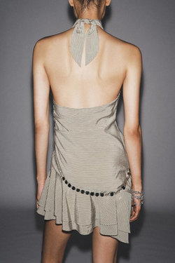 ZARA КОРОТКОЕ ПЛАТЬЕ-ХАЛТЕР В ПОЛОСКУ С ПОЯСОМ, БЕЖЕВО-КОРИЧНЕВЫЙ