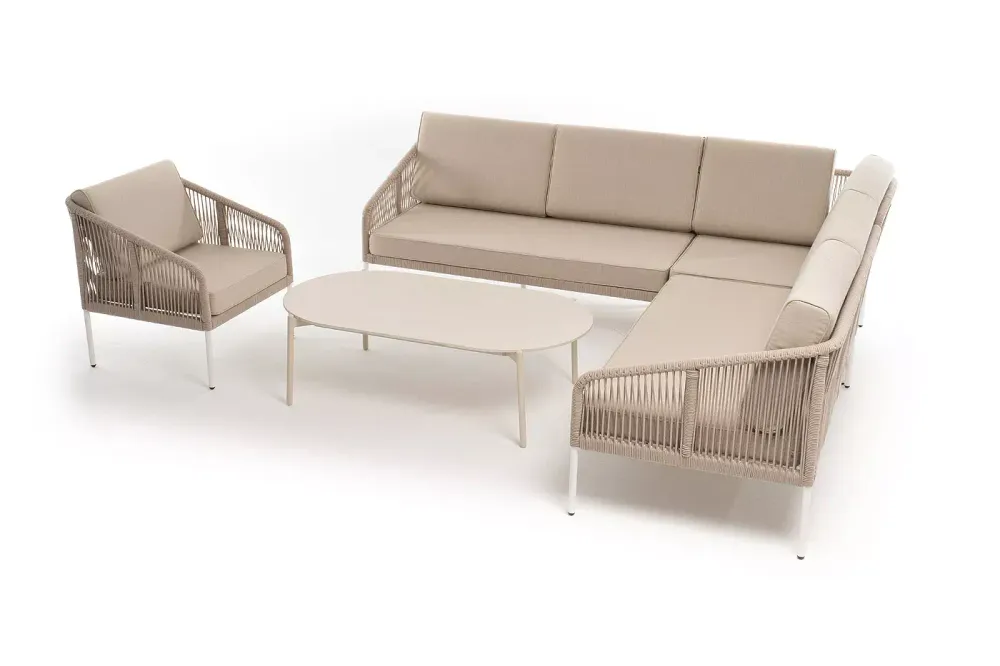 "Канны" модульная угловая лаунж-зона из роупа (веревки) со столом "Диего" (молочный), цвет бежевый