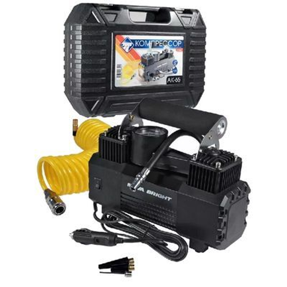 Компрессор NOVA BRIGHT AK-65 2-поршневой 65 л/мин,140PSI, 12В металлический корпус, фонарь, кейс