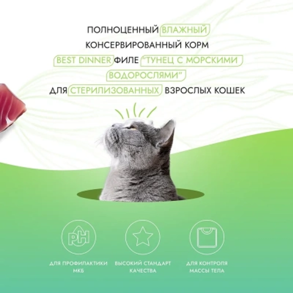 Влажный корм для стерилизованных кошек Best Dinner Holistic тунец с морскими водорослями в соусе 0,070кг