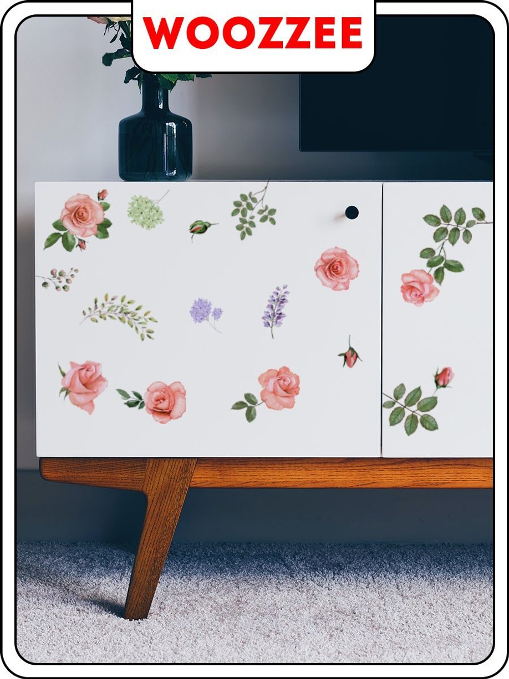 Наклейка декоративная А3 "Розовые розы с листьями"