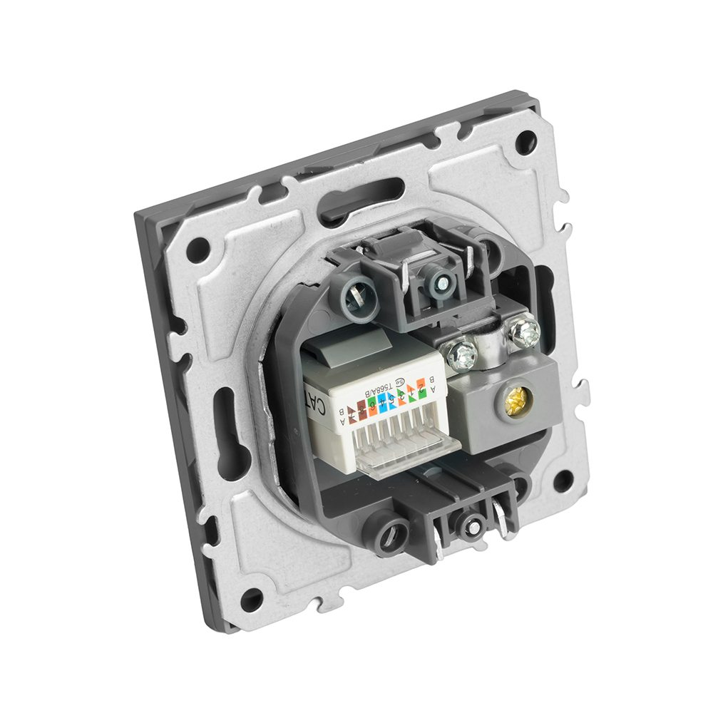 Розетка TV + компьютерная RJ-45 (механизм), STEKKER, серия Эмили, RST00-5106-10, платиново-серый, soft touch 49950