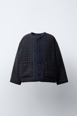 ZARA ПАЛЬТО ИЗ ТЕКСТУРНОЙ ТКАНИ В КЛЕТКУ С ШЕРСТЬЮ, МОРСКОЙ СИНИЙ