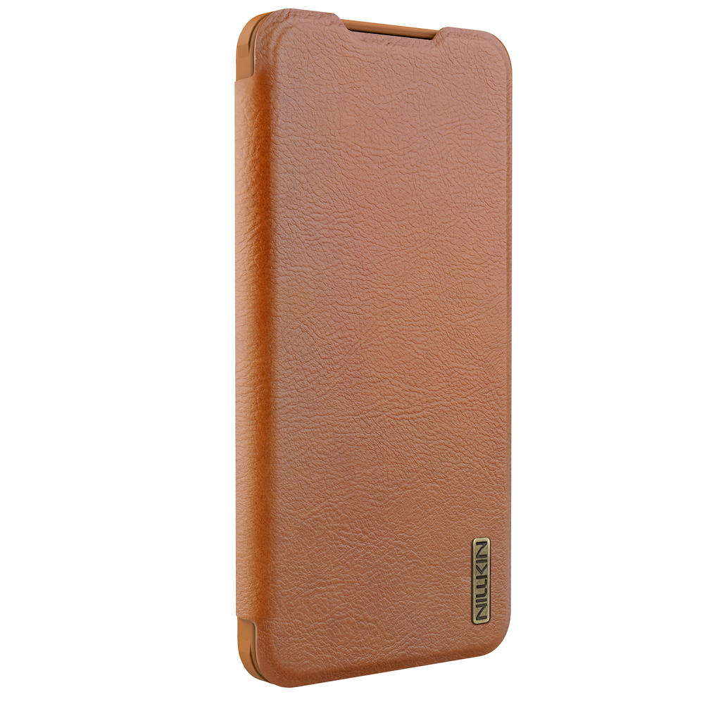 Кожаный чехол книжка коричневого цвета от Nillkin для смартфона Samsung Galaxy S25 Edge, серия Qin Pro Leather с сдвижной защитной шторкой для камеры