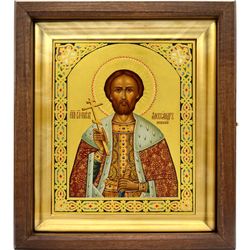Александр Невский Святой князь. Рукописная икона на сусальном золоте.