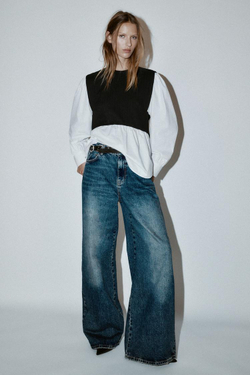 ZARA БЛУЗА ИЗ ПОПЛИНА С КОМБИНИРОВАННОЙ ТКАНЬЮ, ЧЕРНЫЙ