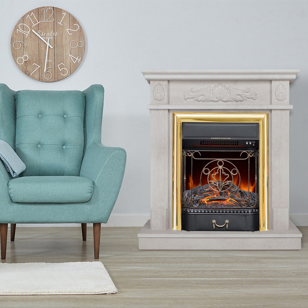 Электрокамин RealFlame Adelaida WT белый камень с очагом Majestic Lux Brass