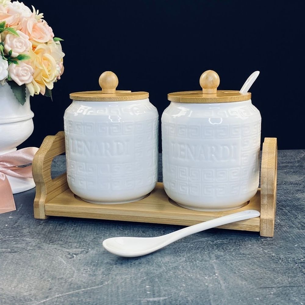 Lenardi 140-120 Набор из 2 банок 350мл для специй с ложками на подставке BAMBOO в под.уп.(х24)Фарфор