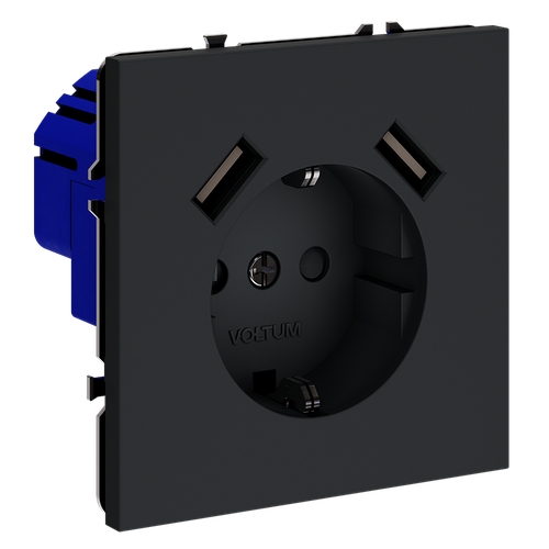 Розетка встраиваемая VOLTUM S70 с заземлением и защитными шторками, 16А, с USB, A+A, (графит)