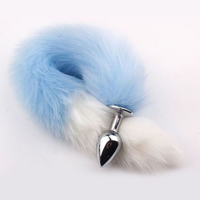 Серебристая анальная пробка с бело-голубым хвостом (Цвет: белый с голубым)