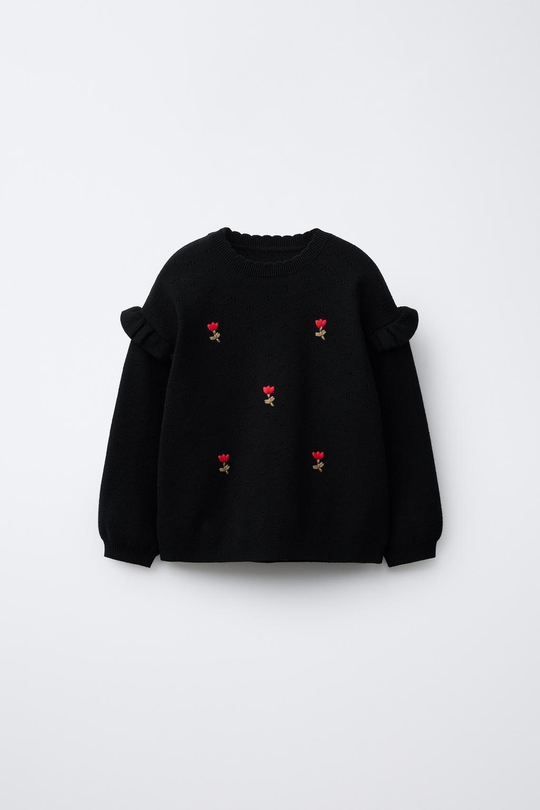 ZARA ТРИКОТАЖНЫЙ ДЖЕМПЕР С ВЫШИВКОЙ В ВИДЕ ЦВЕТОВ, ЧЕРНЫЙ