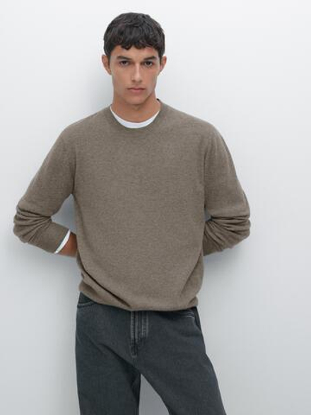 Massimo Dutti Свитер из смесовой шерсти с круглым вырезом, темный хаки