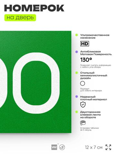 Номер на дверь 900, табличка на дверь для офиса, квартиры, кабинета, аудитории, склада, зеленая 120х70 мм, Айдентика Технолоджи