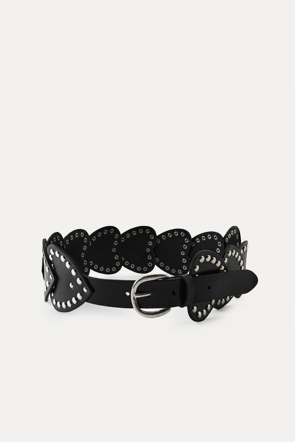 ZARA КОЖАНЫЙ РЕМЕНЬ С СЕРДЕЧКАМИ И ЗАКЛЕПКАМИ, ЧЕРНЫЙ