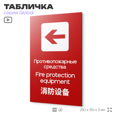 Табличка Кнопка включения систем пожарной безопасности, на дверь и стену, информационная и мультиязычная (русский, английский, китайский), серия GLOBAL, 25х15 см, Айдентика Технолоджи