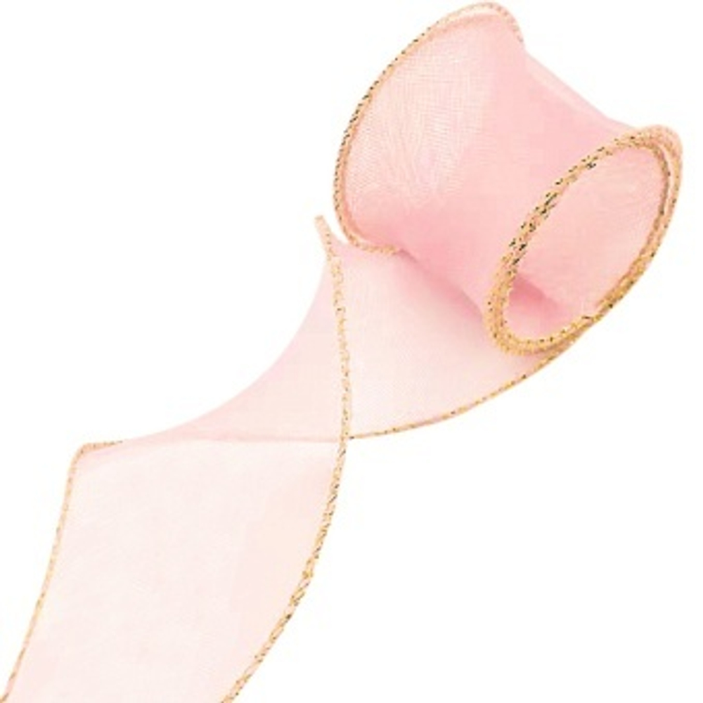 Лента декоративная (4 см*9,14 м) Органза с леской Золотая кайма Розовый