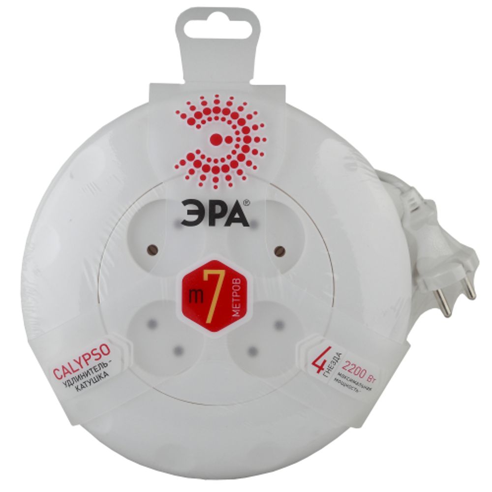 Удлинитель электрический ЭРА UR-4-7m-W рулетка без заземления 4 розетки 7м 2x1мм2 10А белая | Бытовые удлинители