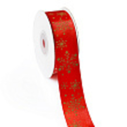 Лента Атлас с Золотыми снежинками Красный / 25 мм * 22,85 м
