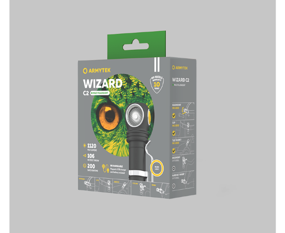 Фонарь Armytek Wizard C2 Magnet USB Warm (1120 Lumen, 1х18650, теплый свет)