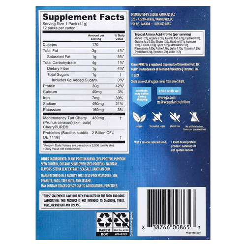 Vega, Растительный протеин, протеин для повышения эффективности и восстановления, кремовая ваниль, 12 пакетиков по 41 г (1,5 унции)