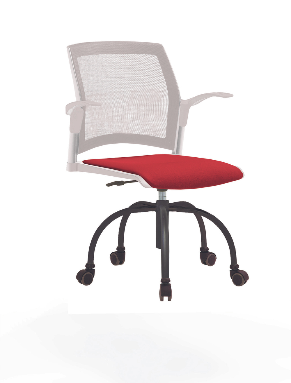 Кресло Rewind каркас черный, пластик белый, база паук краска черная, с открытыми подлокотниками, сидение красное, спинка-сетка