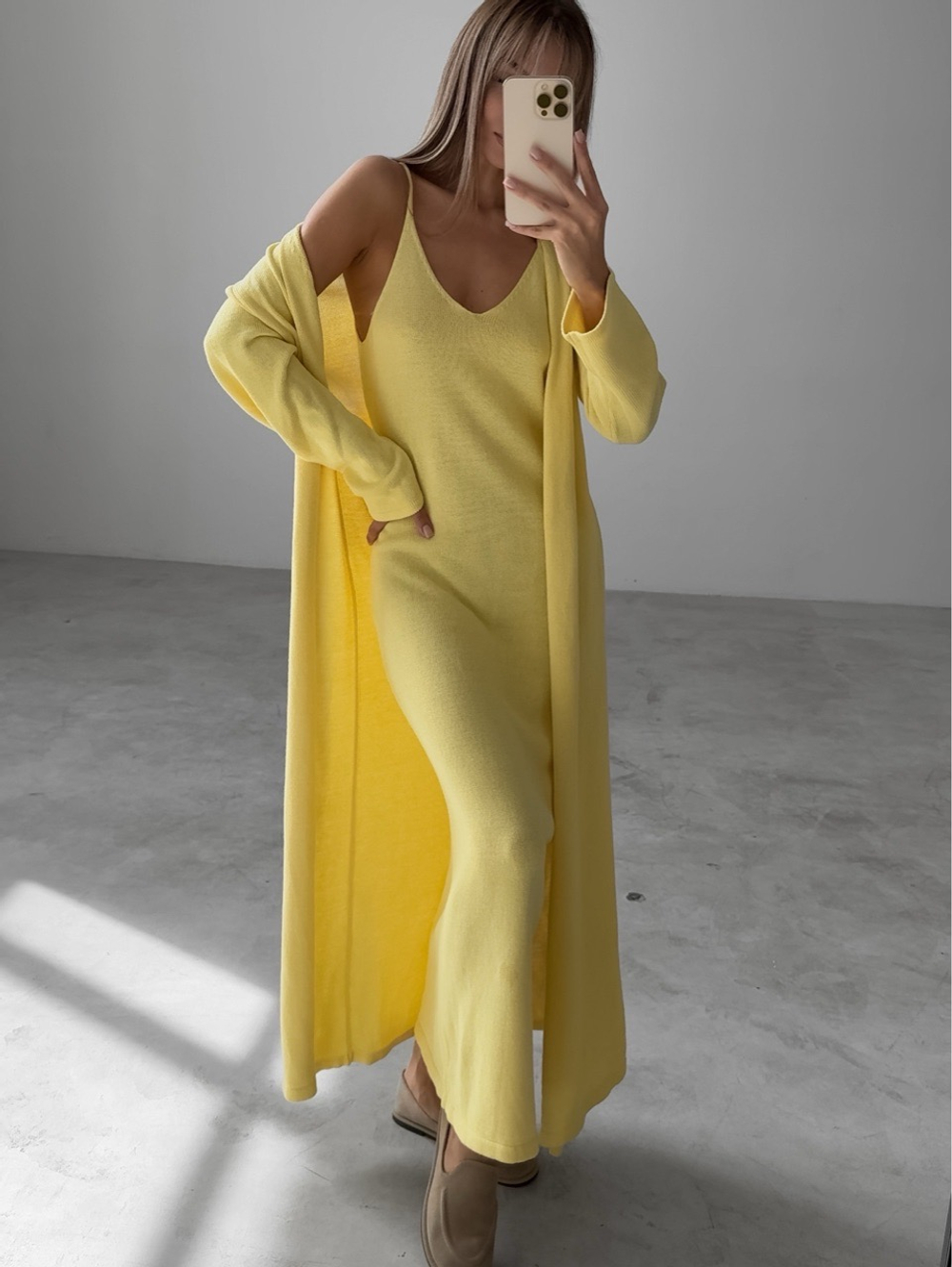 Комплект вязаный, платье на лямках и длинный кардиган