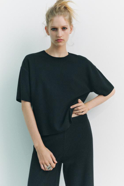 ZARA ТОП ИЗ МЯГКОЙ ТКАНИ В РУБЧИК, ЧЕРНЫЙ