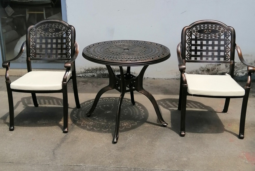 Комплект мебели из литого алюминия стол ОРХИДЕЯ «ORCHID» D100 арт.6053 + 2 кресла ВУЛКАН «VOLCANO» арт.N008 bronze