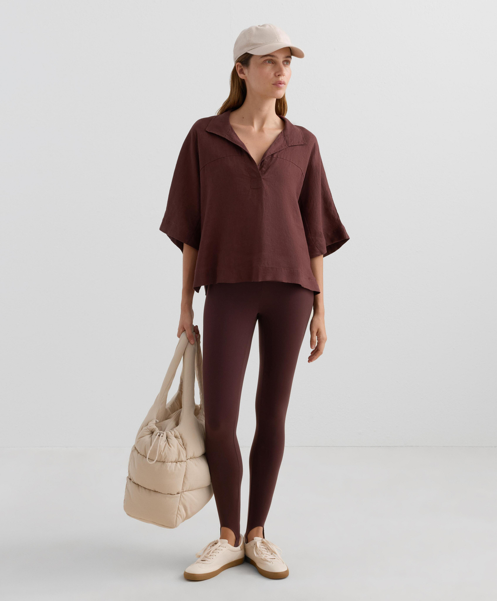 Oysho Рубашка свободного кроя с коротким рукавом из 100% льна, винный