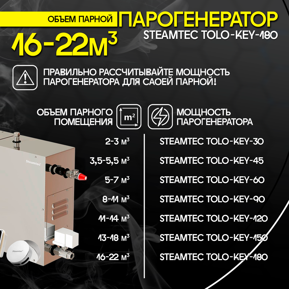 Steamtec TOLO KEY 180 - 18 кВт (стандартный модуль управления), парогенератор для хамама и турецкой бани