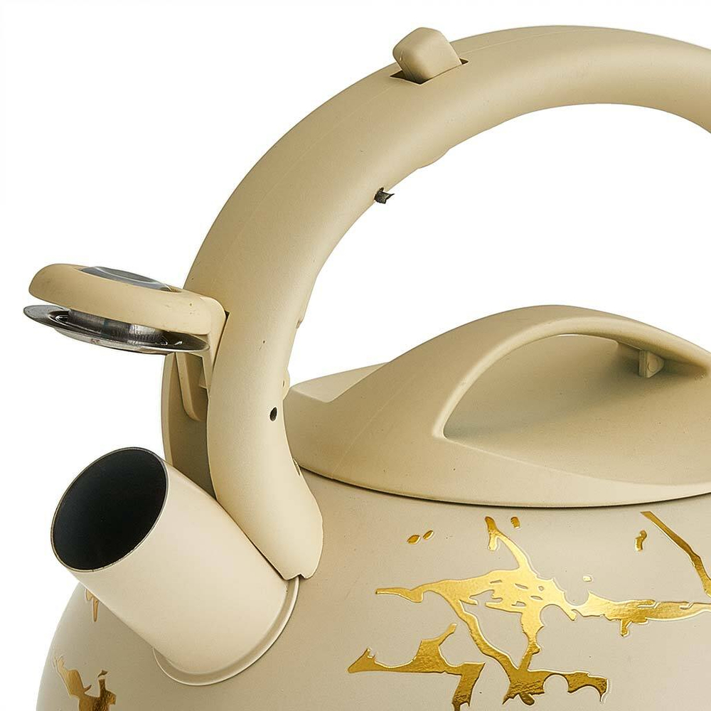 Чайник 3 л из нержавеющей стали со свистком, индукционное дно ALPENKOK AK-541 бежевый с золотом, ручка бежевый